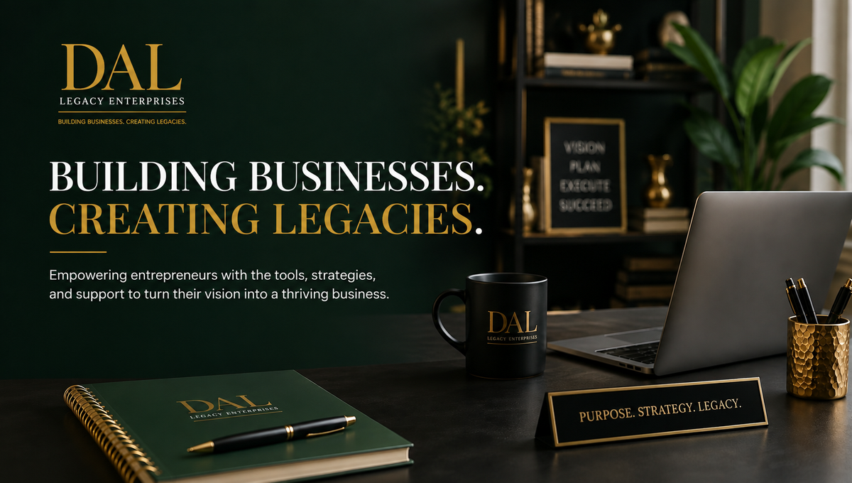 DAL Legacy Enterprises office workspace with Building Businesses, Creating Legacies message